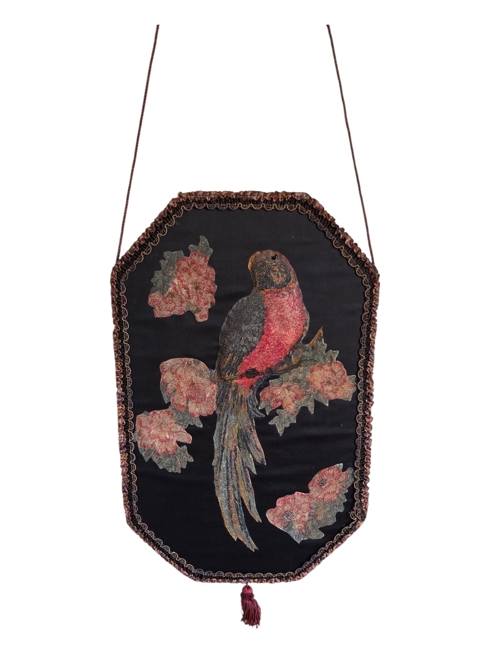 Decorative Black Velvet Bird Wall Hanging with Pink and Brown Embroidery